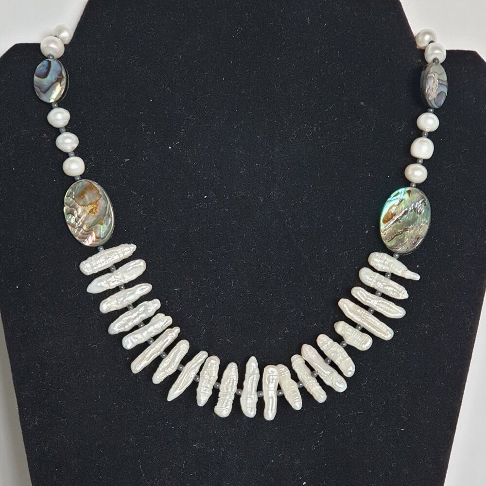 Vintage Genuine White Stick Pearl & Abalone Necklace with 925 Silver Clasp